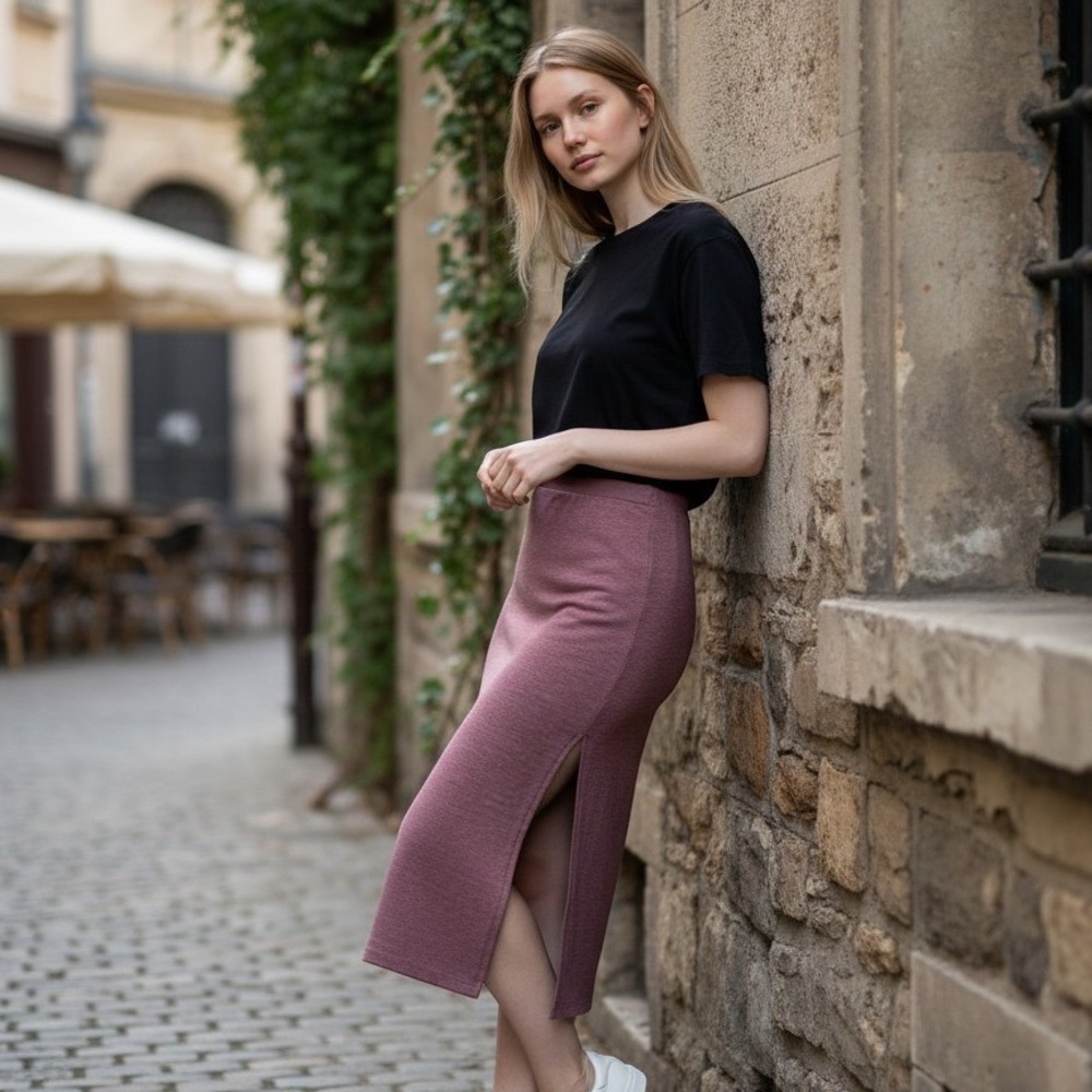 Leith Midi Skirt Side Slit Heathered Knit Mauve Minimalist 90s Aesthetic Medium
